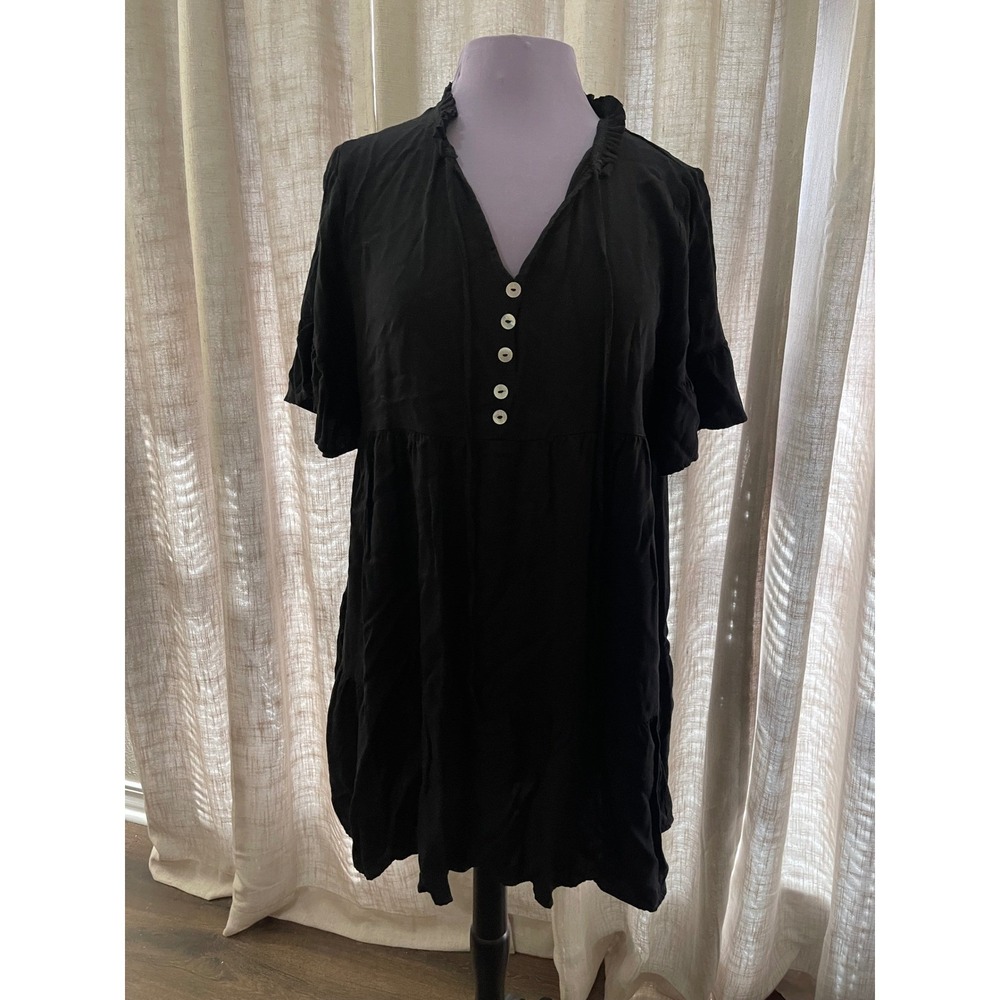 Womens Black Mini Dress Tie Neck Ruffle Trim Short Sleeve Babydoll Style